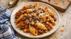 Muschelnudeln mit Kichererbsen – würzige Hack-Tomatensauce für den Feierabend