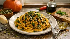 Cremiges Hokkaido-Kürbispesto: so werden Vollkornspaghetti richtig herbstlich