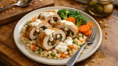 Putenrouladen mit Gemüsereis – saftig geschmort in cremiger Schmandsauce