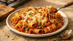 Vegetarische Rigatoni al forno: unkomplizierte Ofenpasta mit Tomaten, Erbsen & Mozzarella