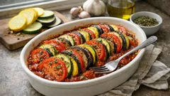Ratatouille-Gratin aus dem Ofen: mediterranes Sommergemüse in würziger Tomatensauce