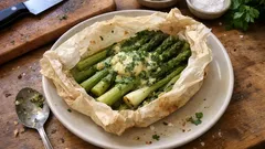 Grüner Spargel aus dem Ofen im Pergamentpäckchen – saftig mit Kräuterbutter