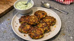 Knusprige Zucchini-Rösti aus der Pfanne – mit cremigem Basilikum-Quark