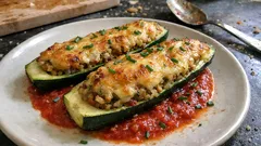 Gefüllte Zucchini mit Grünkern und Gruyère – Ofengericht mit frischer Tomatensauce