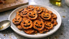 Vegane Süßkartoffelchips mit Kürbisgesichtern – schnelles Halloween-Fingerfood aus dem Ofen