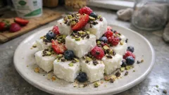 FroYo Bites aus griechischem Joghurt – mit Beeren, Pistazien und Kakao-Nibs